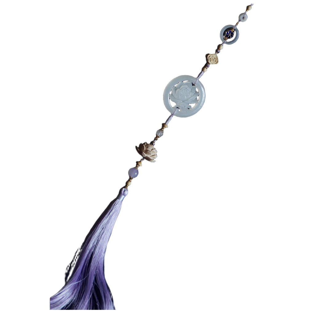 The Untamed Cosplay Prop White Jade Lotus Flower Agate Tassel Waist Pendant, 40cm Long, Purple Tassel