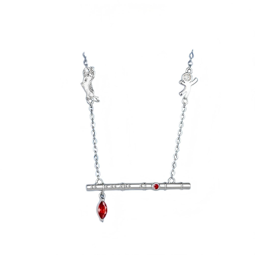 Mo Dao Zu Shi Chenqing Flute Anime Necklace with Red Crystal,Alloy Material, Marquise Red Crystal, 45.7cm Chain Length, Wei Wuxian Inspired, Adjustable Chain