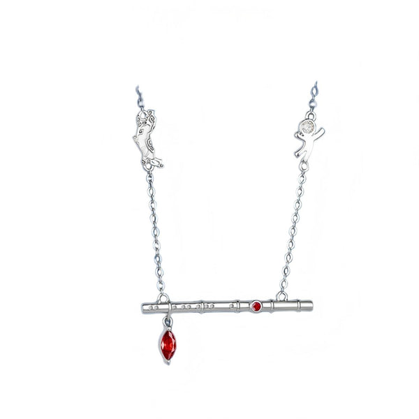 Mo Dao Zu Shi Chenqing Flute Anime Necklace with Red Crystal,Alloy Material, Marquise Red Crystal, 45.7cm Chain Length, Wei Wuxian Inspired, Adjustable Chain