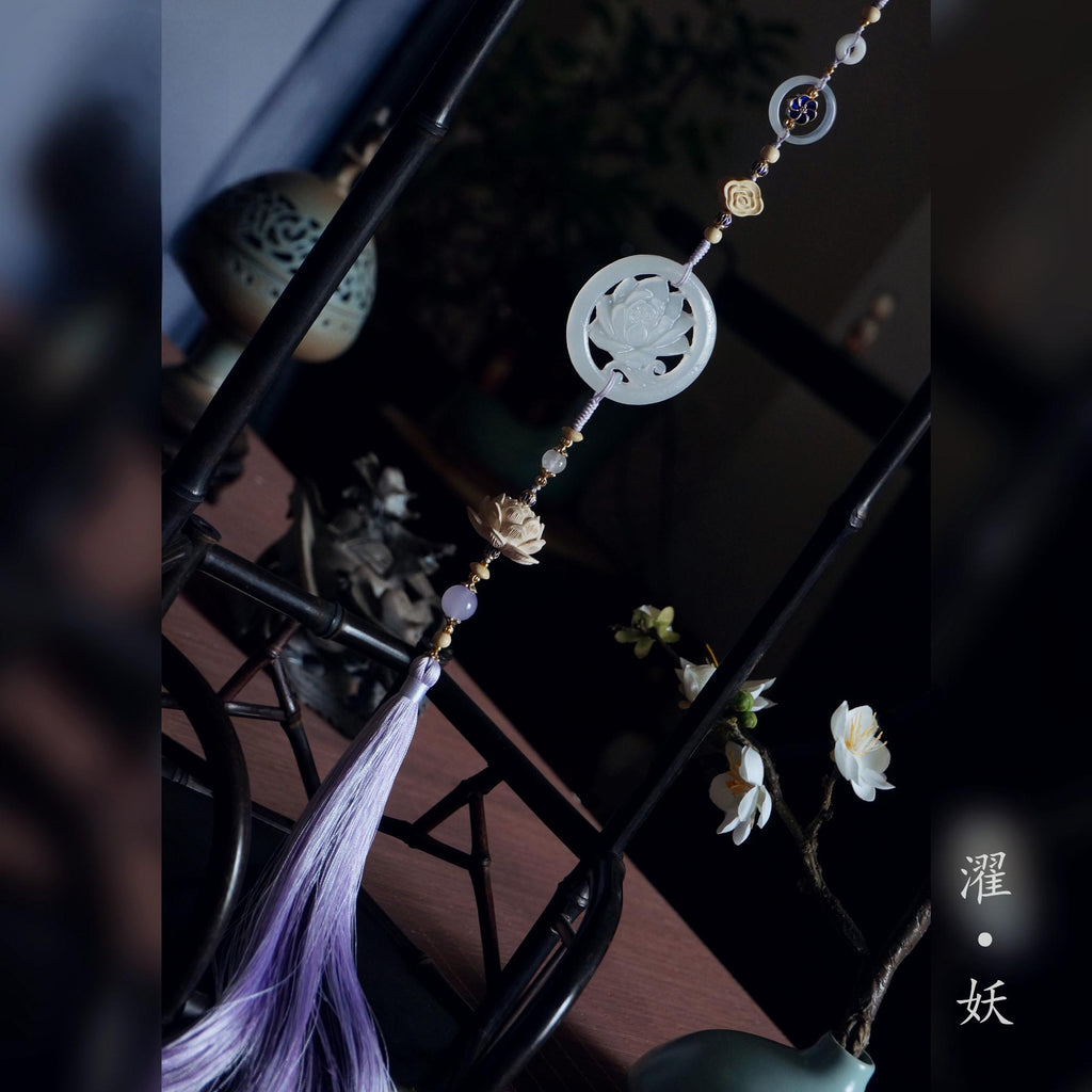 The Untamed Cosplay Prop White Jade Lotus Flower Agate Tassel Waist Pendant, 40cm Long, Purple Tassel