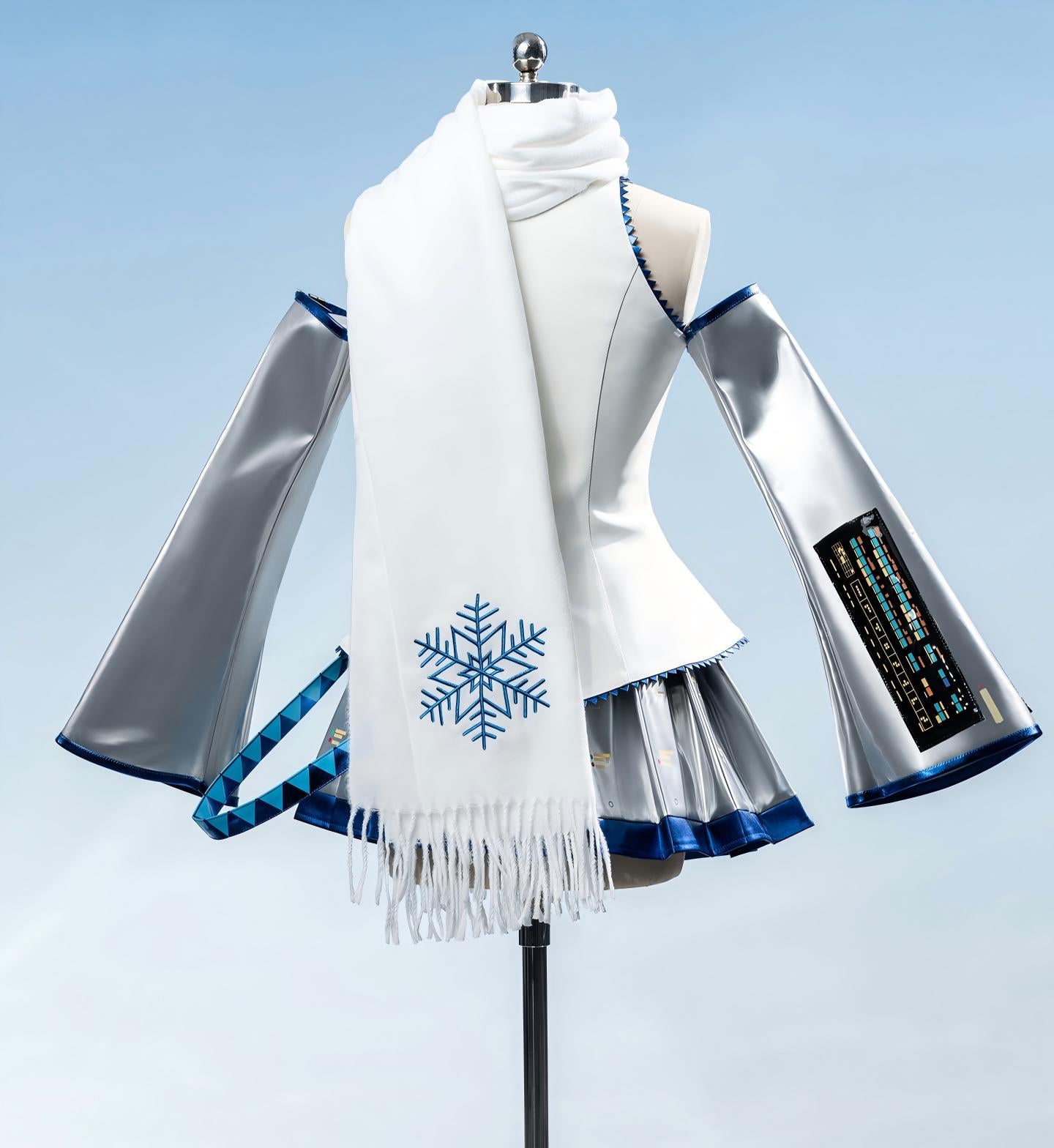 Hatsune Miku Snow Miku Cosplay Costume Set, Anime costumes，Includes Top, Skirt, Tie, Sleeves, Leg Warmers, Scarf