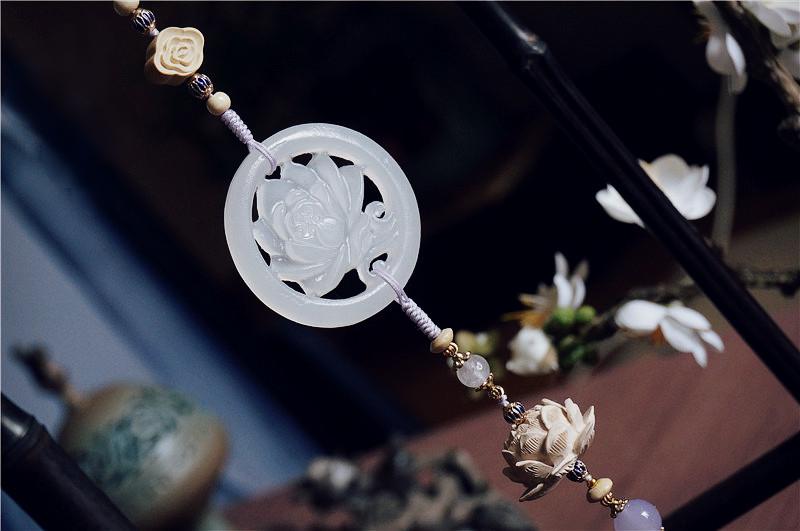 The Untamed Cosplay Prop White Jade Lotus Flower Agate Tassel Waist Pendant, 40cm Long, Purple Tassel