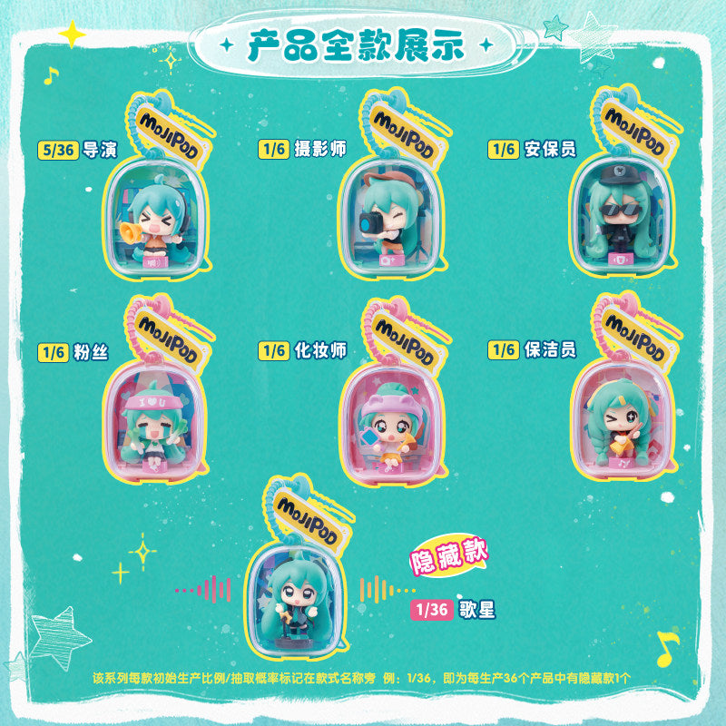 Hatsune Miku Mini Figure Blind Box with Bag Charm,7 Designs, 1 Hidden, ~5 cm Figure, Transparent Bag ~7 cm, Backpack Accessory, Includes Stickers