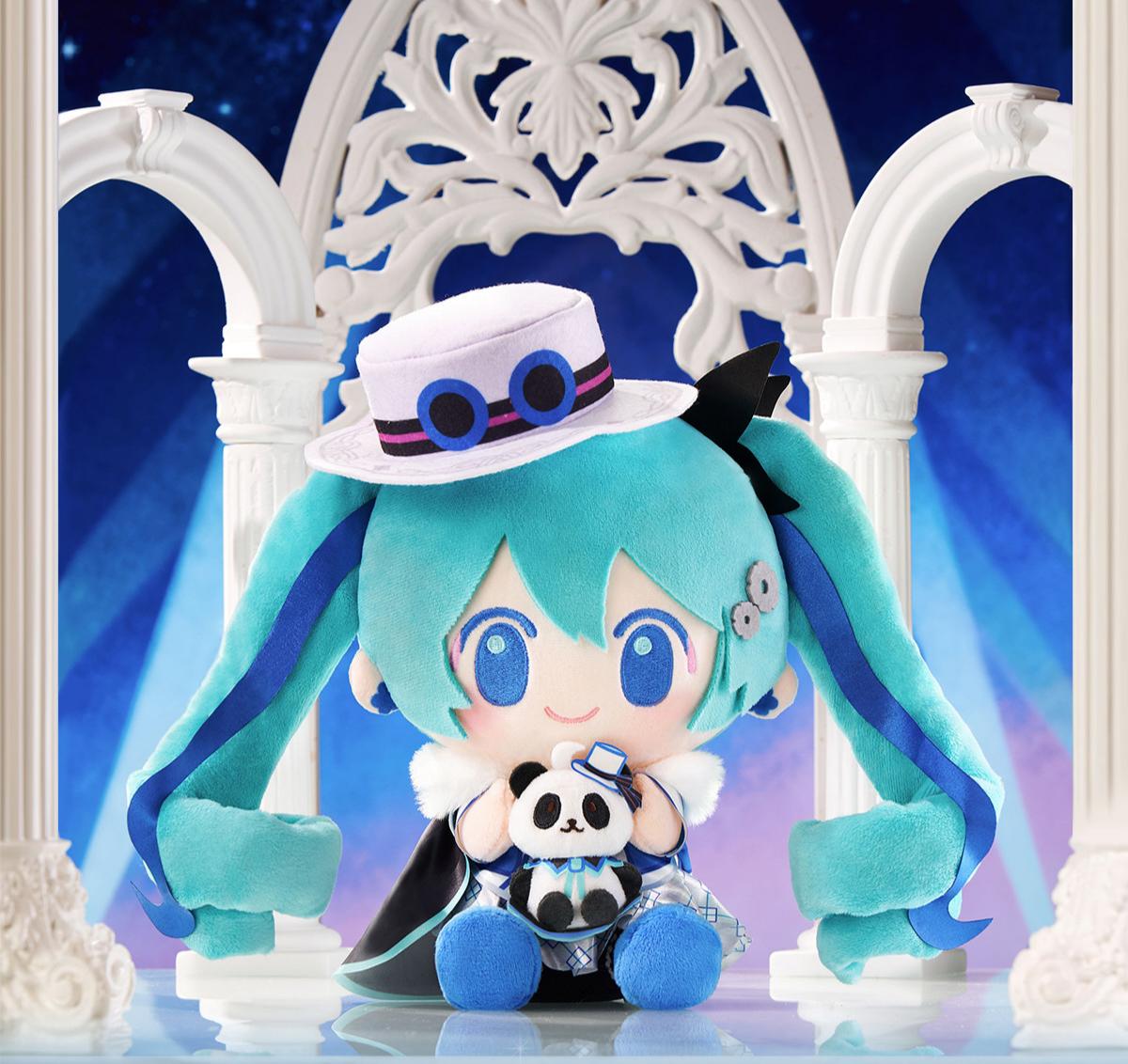 Miku Plush Toy with Panda, Q Version Sitting Doll, Turquoise Hair Character, 20cm Tall, Polyester Fiber, Themed Costume with White Hat