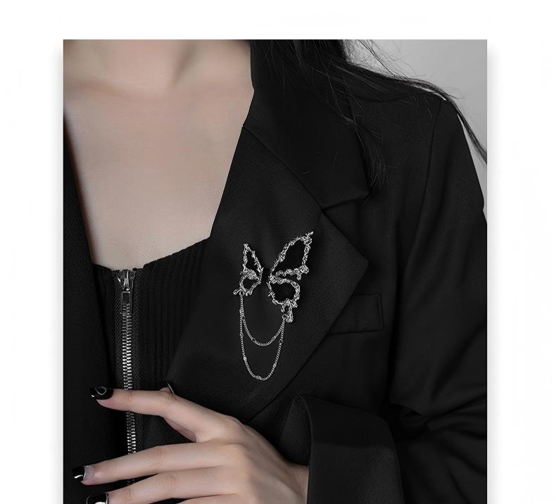 Heaven Officials Blessing Black Butterfly Brooch Pin with Chain，Silver-Tone Metal, Dangling Chain Tassel, Black Enamel Wings, Lapel Pin, Gothic Style