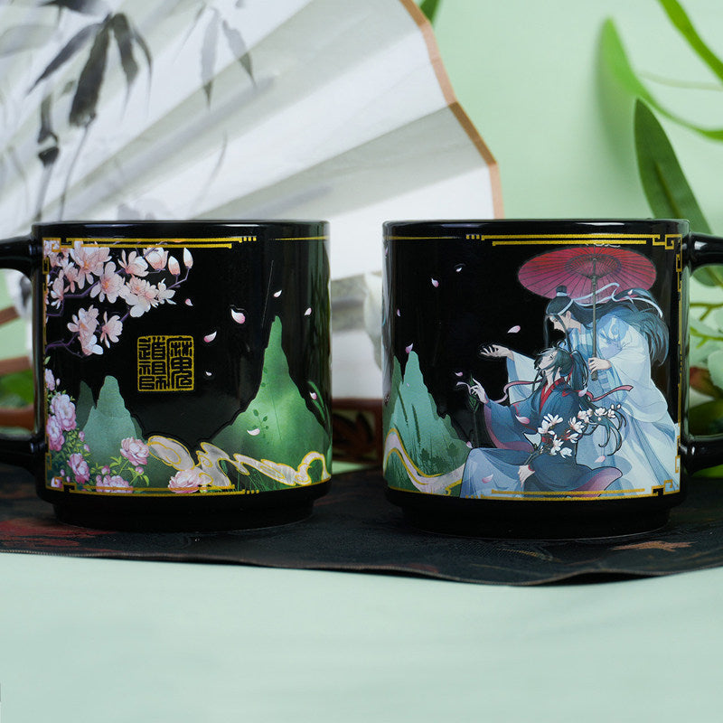 Mo Dao Zu Shi Heat Activated Color Changing Ceramic Mug, Black with Cherry Blossom and Character Design, 450ml Capacity, 7th Anniversary Theme