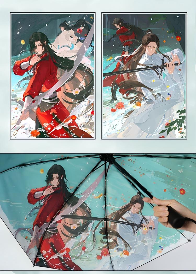 Heaven Officials Blessing Folding Umbrella Automatic 8-Rib,Sunny & Rainy Use, 94cm Canopy Diameter, Steel Frame, Folds to 28.5cm, Anime Artwork Print