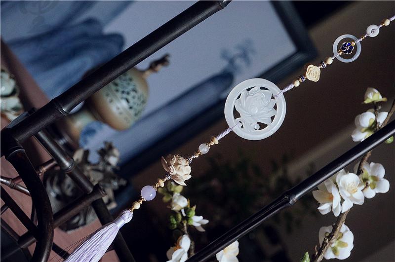 The Untamed Cosplay Prop White Jade Lotus Flower Agate Tassel Waist Pendant, 40cm Long, Purple Tassel