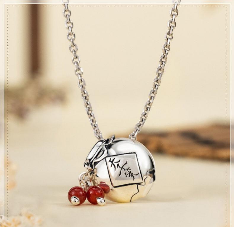 Mo Dao Zu Shi ”Tian Zi Xiao“ Pendant Necklace, S925 Sterling Silver, Chinese Characters Design with Red Beads，Anime merchandise