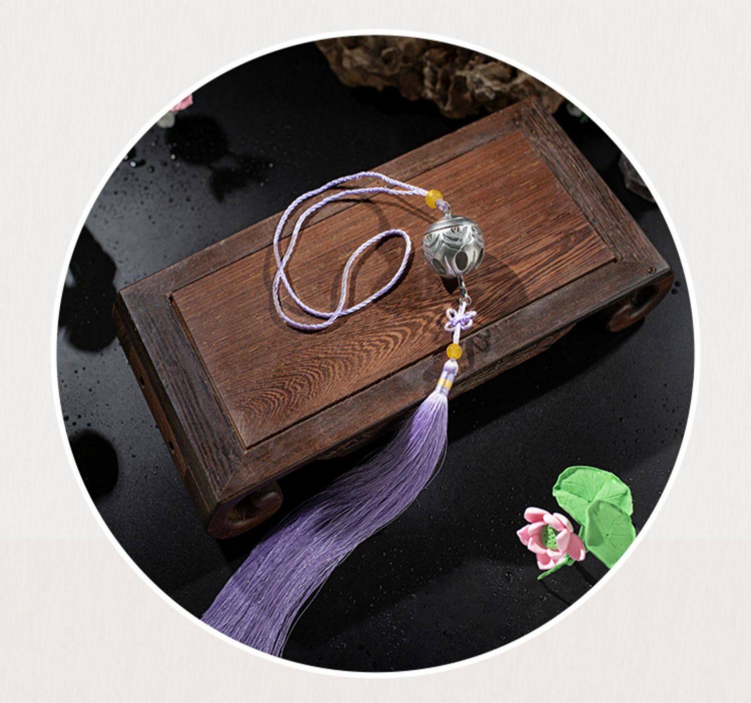 Mo Dao Zu Shi ”Qing Xin Ling“ Cosplay Prop, Silver Alloy Bell with Purple Tassel, 57.5 cm, Anime Role-Playing Decoration
