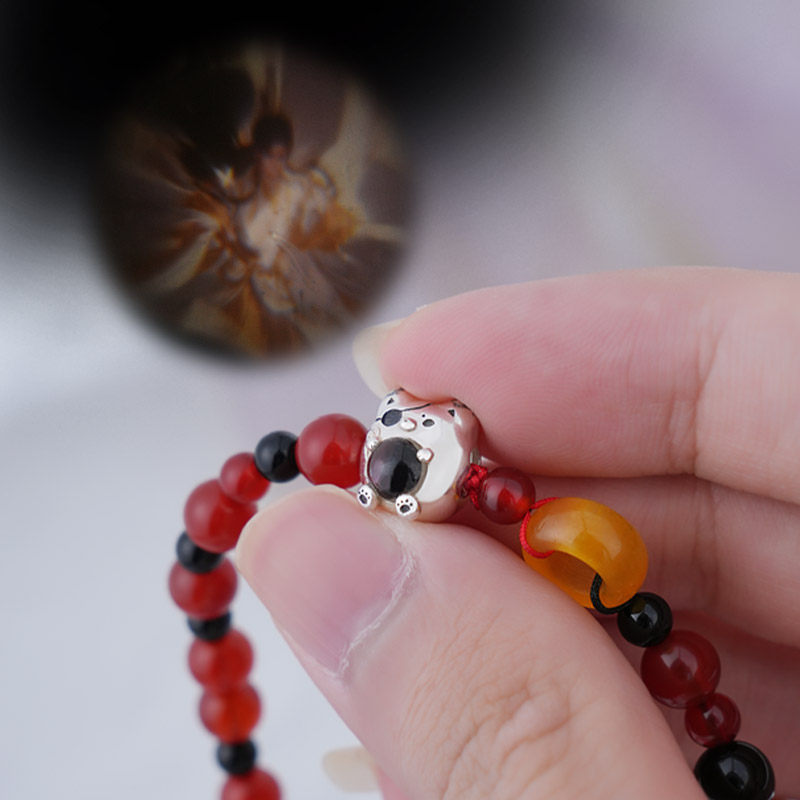 Heaven Officials Blessing Beaded Bracelet S925 Silver，Projection Stone Pendant, 2 Styles Available, Adjustable 41-48cm, Agate & Jade Beads, Image Projects in Light