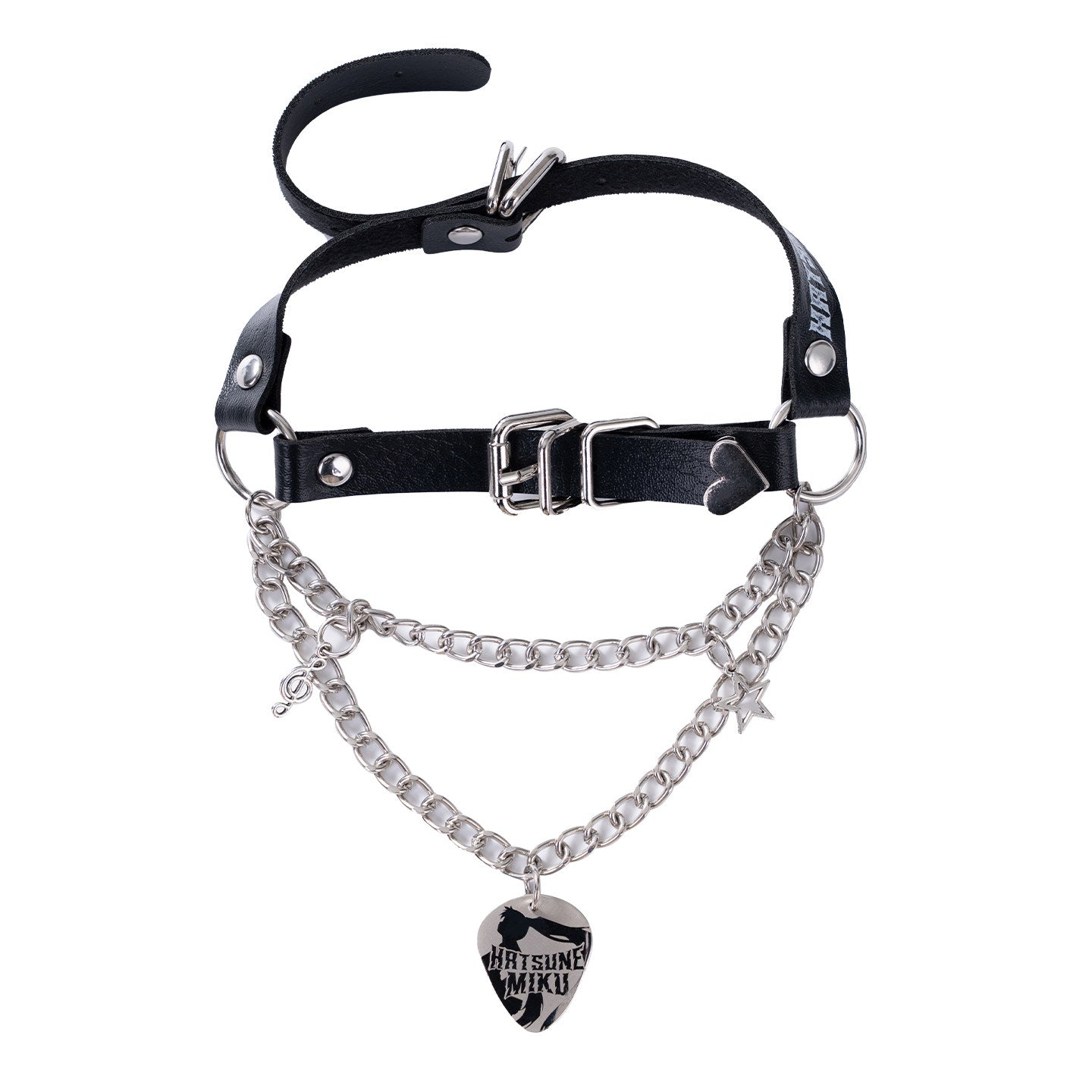 Miku Choker Necklace, Black Leather with Silver Chain, Rock Punk Hip-Hop Style, Guitar Pick Pendant, Adjustable 46cm