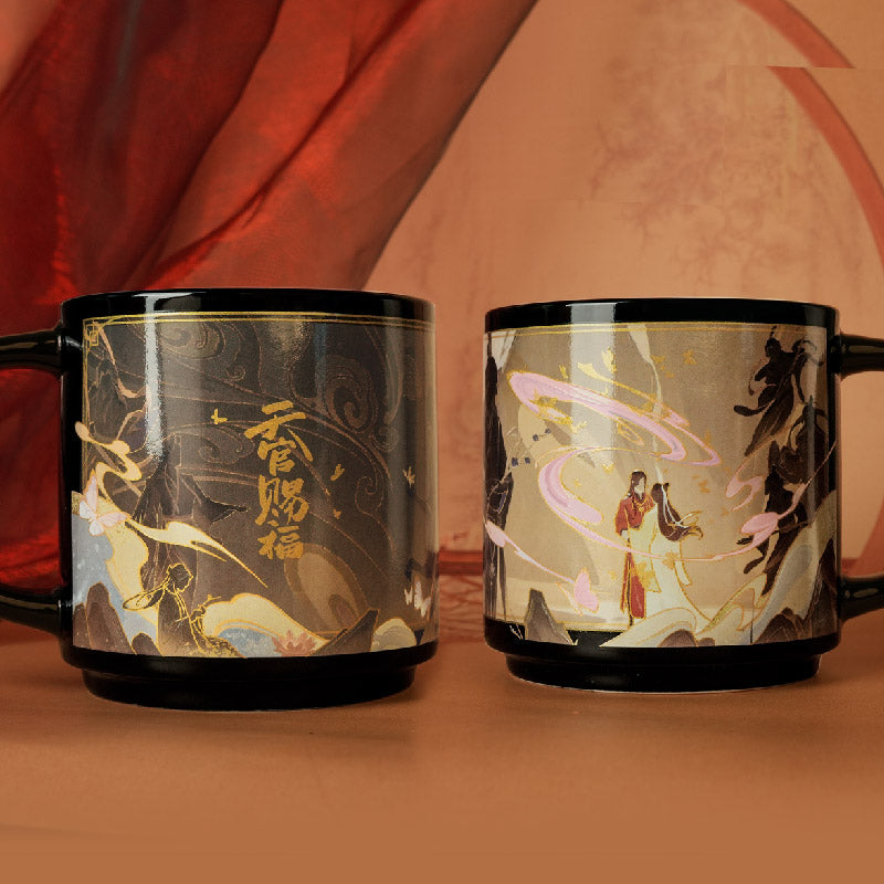 Heaven Officials Blessing Heat-Activated Color-Changing Ceramic Mug 450ml,Hidden Pattern Reveal, 9.5 cm Tall, Hot Water Activated, Chinese Anime Artwork, Black Finish