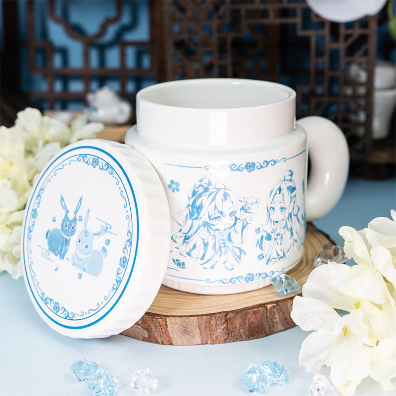 Mo Dao Zu Shi Ceramic Mug with Lid, White Porcelain Tea Cup with Handle, Blue Chinese Style Character Design, 380ml Water Cup, 9.5cm Height