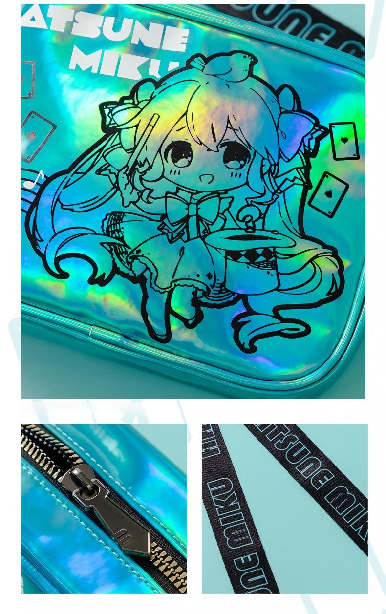Miku Holographic Crossbody Shoulder Bag 16x22x6.5cm ，Adjustable 120cm Strap, Anime Character Print, Zip Closure, Iridescent Finish, Compact Size