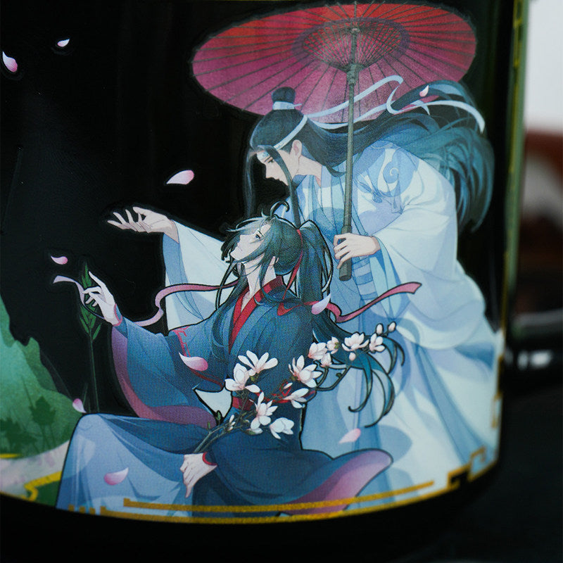 Mo Dao Zu Shi Heat Activated Color Changing Ceramic Mug, Black with Cherry Blossom and Character Design, 450ml Capacity, 7th Anniversary Theme