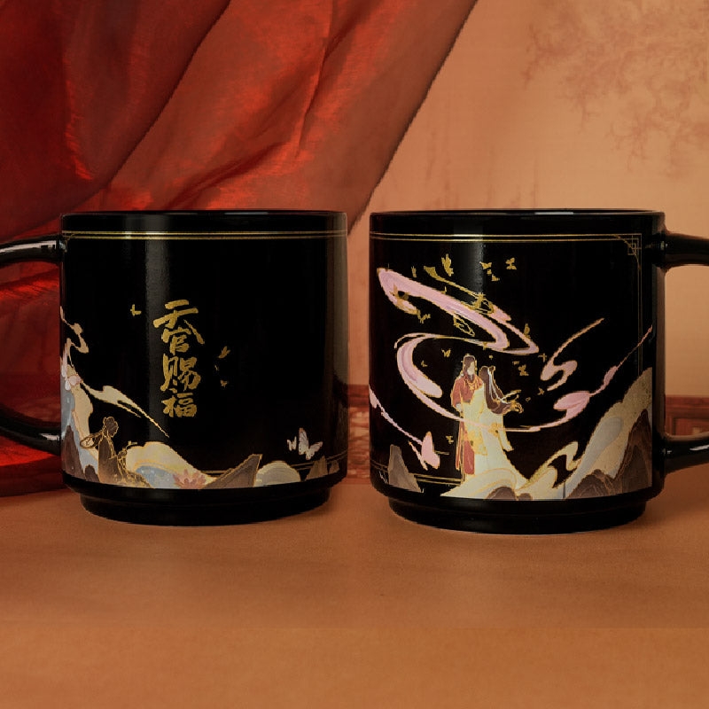 Heaven Officials Blessing Heat-Activated Color-Changing Ceramic Mug 450ml,Hidden Pattern Reveal, 9.5 cm Tall, Hot Water Activated, Chinese Anime Artwork, Black Finish