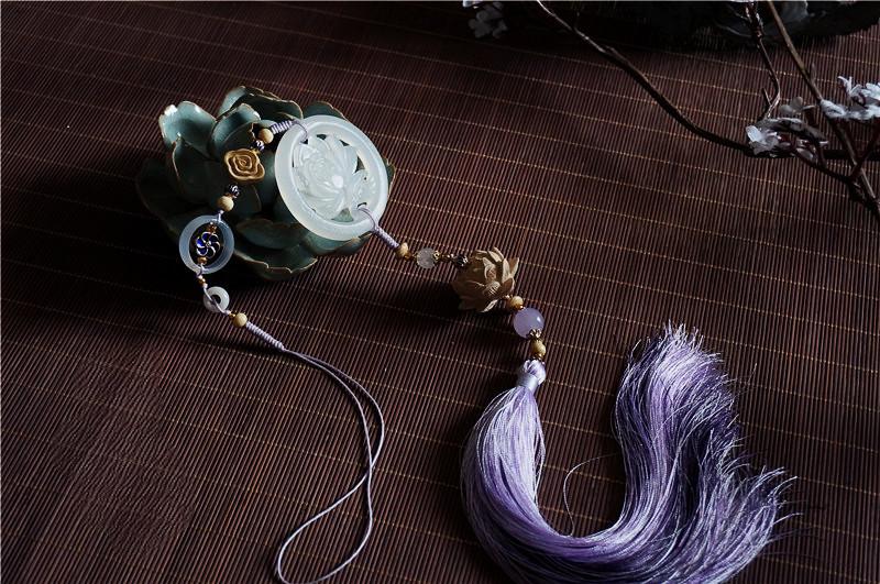 The Untamed Cosplay Prop White Jade Lotus Flower Agate Tassel Waist Pendant, 40cm Long, Purple Tassel