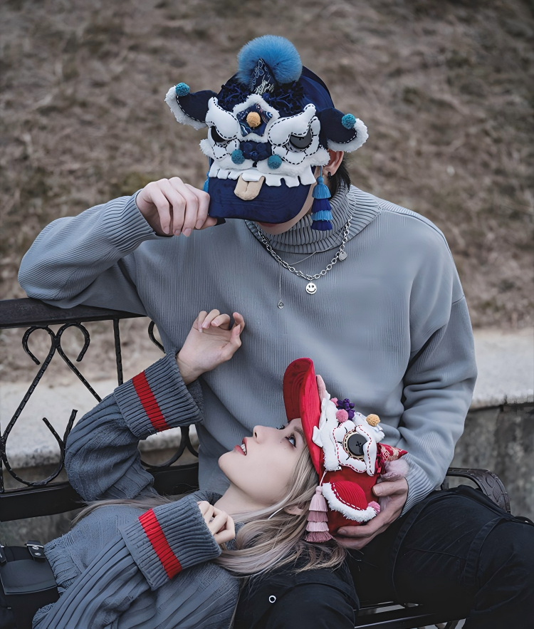 "Awakened Lion" Heritage Baseball Cap - Traditional Folk Art Series，Available in Crimson Red & Deep Sea Blue