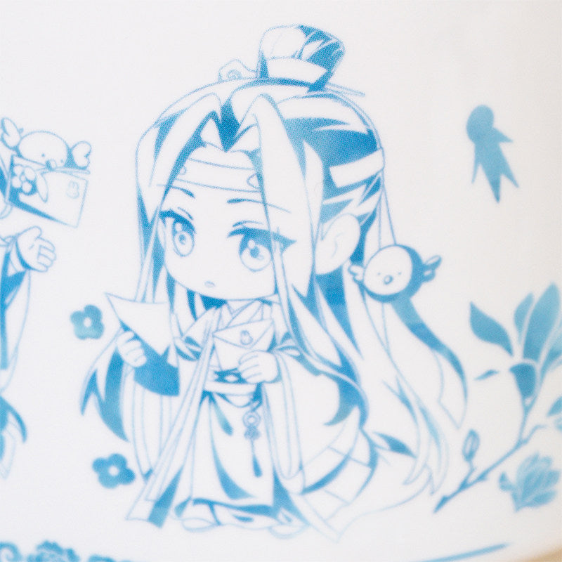 Mo Dao Zu Shi Ceramic Mug with Lid, White Porcelain Tea Cup with Handle, Blue Chinese Style Character Design, 380ml Water Cup, 9.5cm Height