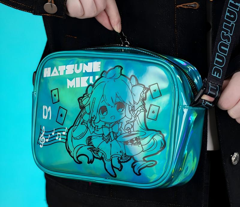 Miku Holographic Crossbody Shoulder Bag 16x22x6.5cm ，Adjustable 120cm Strap, Anime Character Print, Zip Closure, Iridescent Finish, Compact Size
