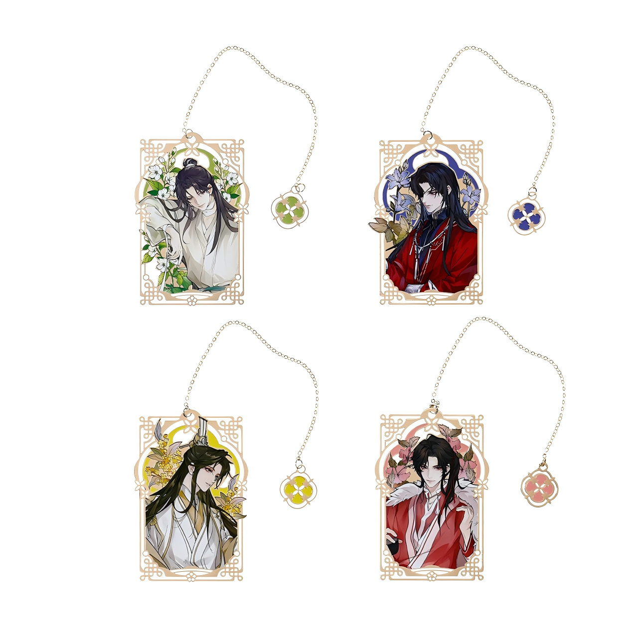 Heaven Officials Blessing Anime Metal Bookmark with Chain ，4 Character Styles, 56 x 84mm Size, Floral Artwork Design, Enamel Charm Pendant, Collectible Series