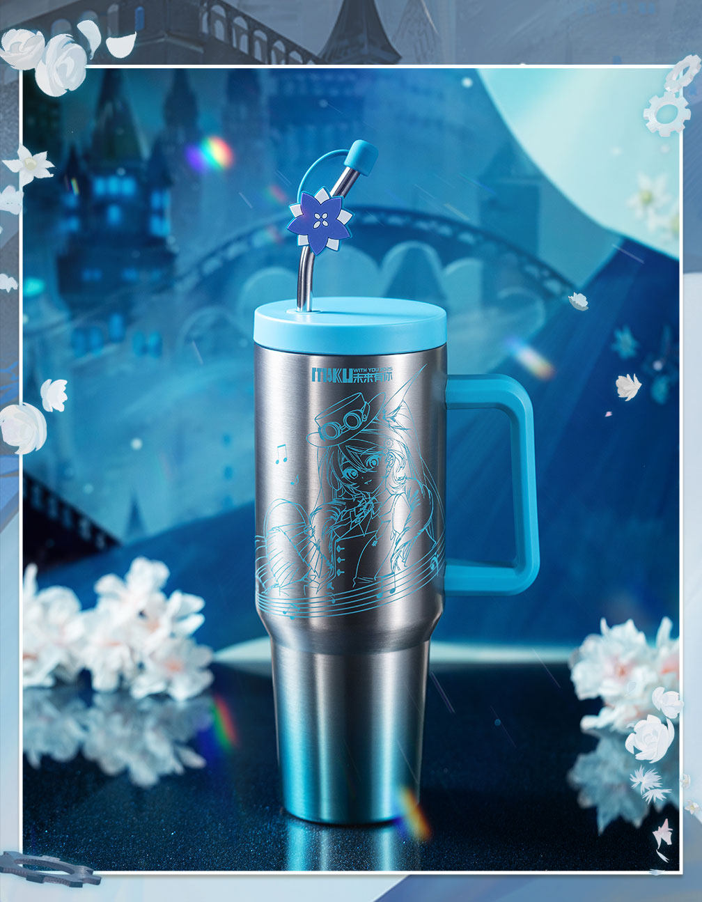 Hatsune Miku Anime-Themed Insulated Straw Tumbler, Stainless Steel, Large Capacity, 2025 Concert Theme, with Handle, 1200ml