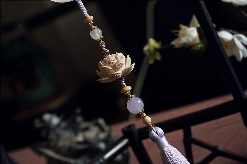 The Untamed Cosplay Prop White Jade Lotus Flower Agate Tassel Waist Pendant, 40cm Long, Purple Tassel