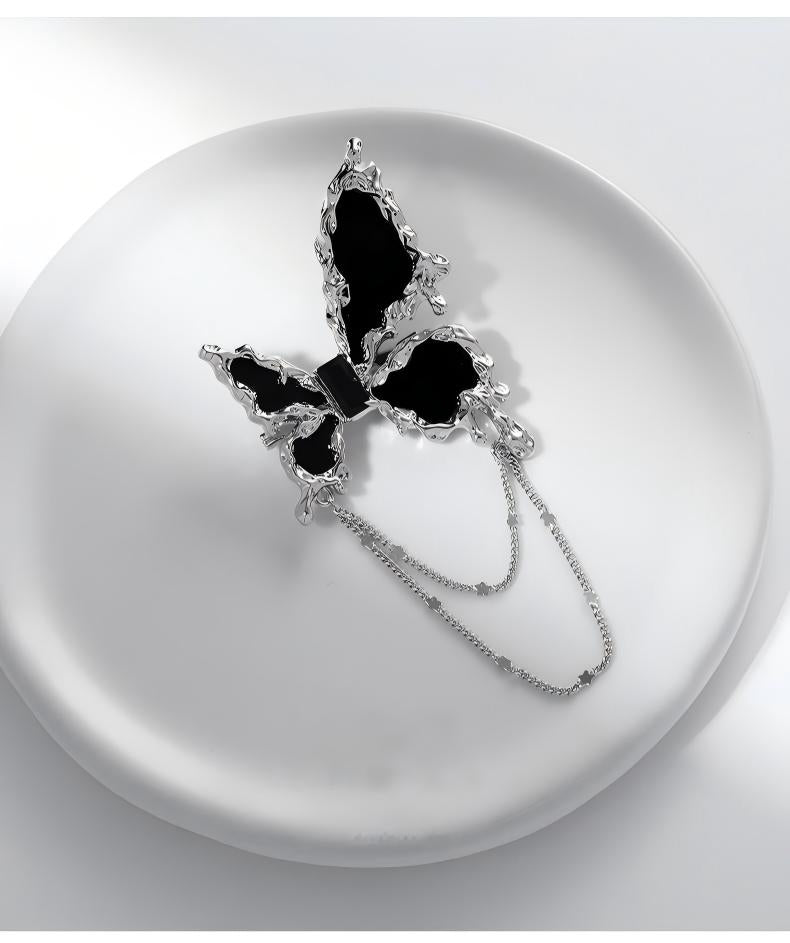 Heaven Officials Blessing Black Butterfly Brooch Pin with Chain，Silver-Tone Metal, Dangling Chain Tassel, Black Enamel Wings, Lapel Pin, Gothic Style
