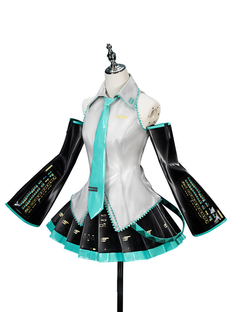 Hatsune Miku Cosplay Costume Set, Liquid PU Leather, Top, Skirt, Tie, Sleeves and Leg Warmers Included（S+ version）