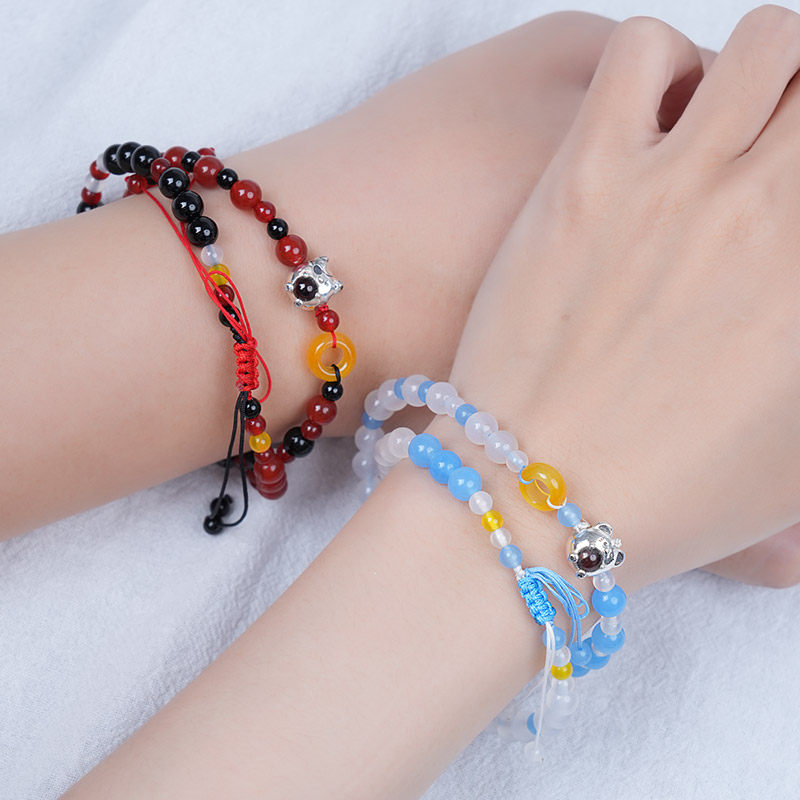 Heaven Officials Blessing Beaded Bracelet S925 Silver，Projection Stone Pendant, 2 Styles Available, Adjustable 41-48cm, Agate & Jade Beads, Image Projects in Light