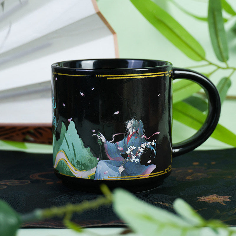 Mo Dao Zu Shi Heat Activated Color Changing Ceramic Mug, Black with Cherry Blossom and Character Design, 450ml Capacity, 7th Anniversary Theme