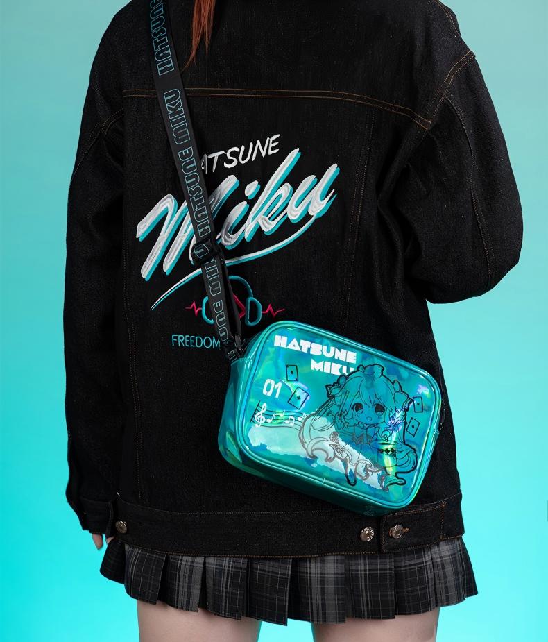 Miku Holographic Crossbody Shoulder Bag 16x22x6.5cm ，Adjustable 120cm Strap, Anime Character Print, Zip Closure, Iridescent Finish, Compact Size