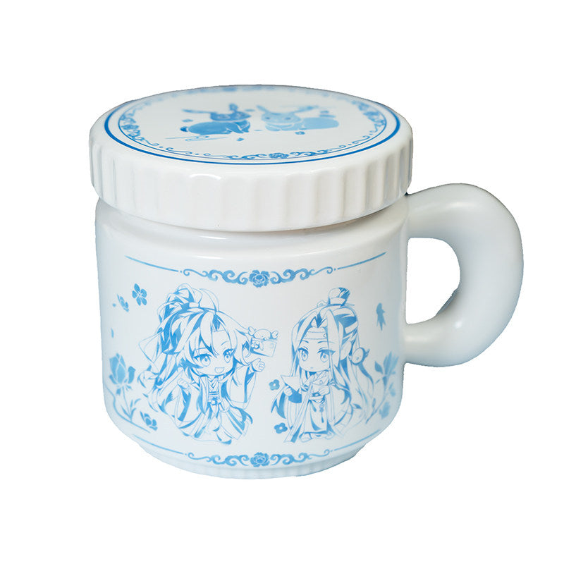 Mo Dao Zu Shi Ceramic Mug with Lid, White Porcelain Tea Cup with Handle, Blue Chinese Style Character Design, 380ml Water Cup, 9.5cm Height