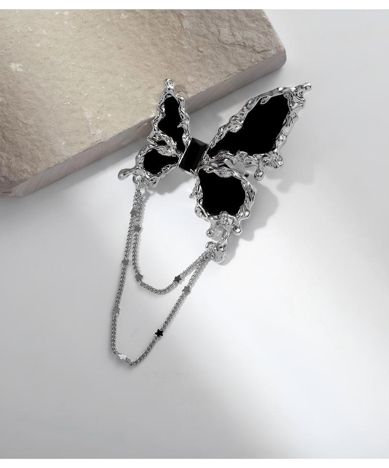 Heaven Officials Blessing Black Butterfly Brooch Pin with Chain，Silver-Tone Metal, Dangling Chain Tassel, Black Enamel Wings, Lapel Pin, Gothic Style