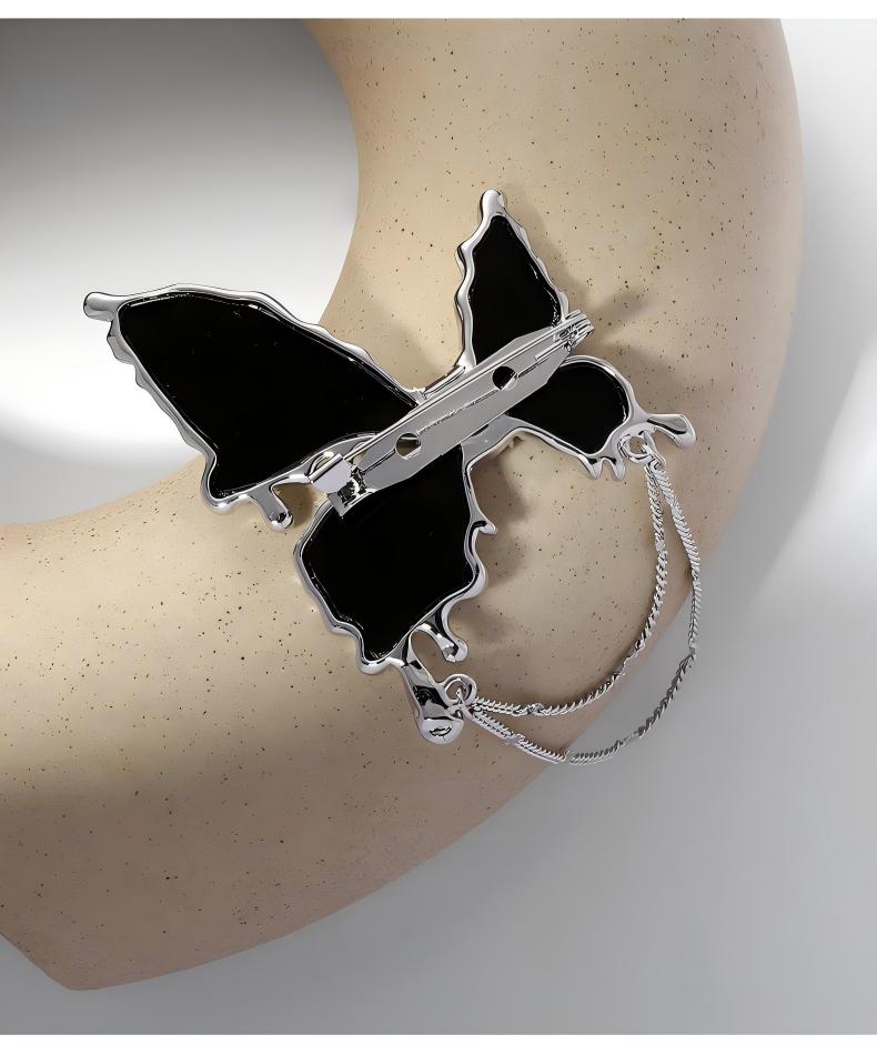 Heaven Officials Blessing Black Butterfly Brooch Pin with Chain，Silver-Tone Metal, Dangling Chain Tassel, Black Enamel Wings, Lapel Pin, Gothic Style