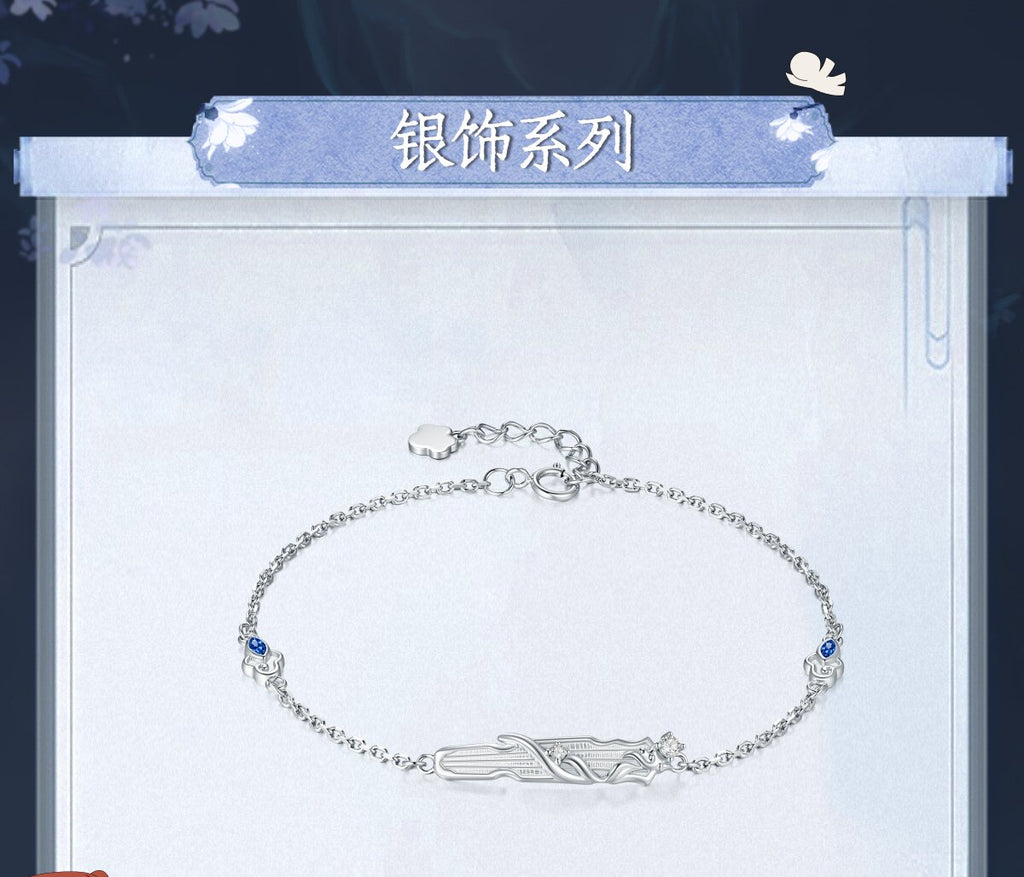 Mo Dao Zu Shi S925 Sterling Silver Bracelet Wangji Qin,Blue Crystal Accents, Adjustable Chain 18.5cm, Lan Wangji Inspired, Floral Charm Clasp, Silver Jewelry Series