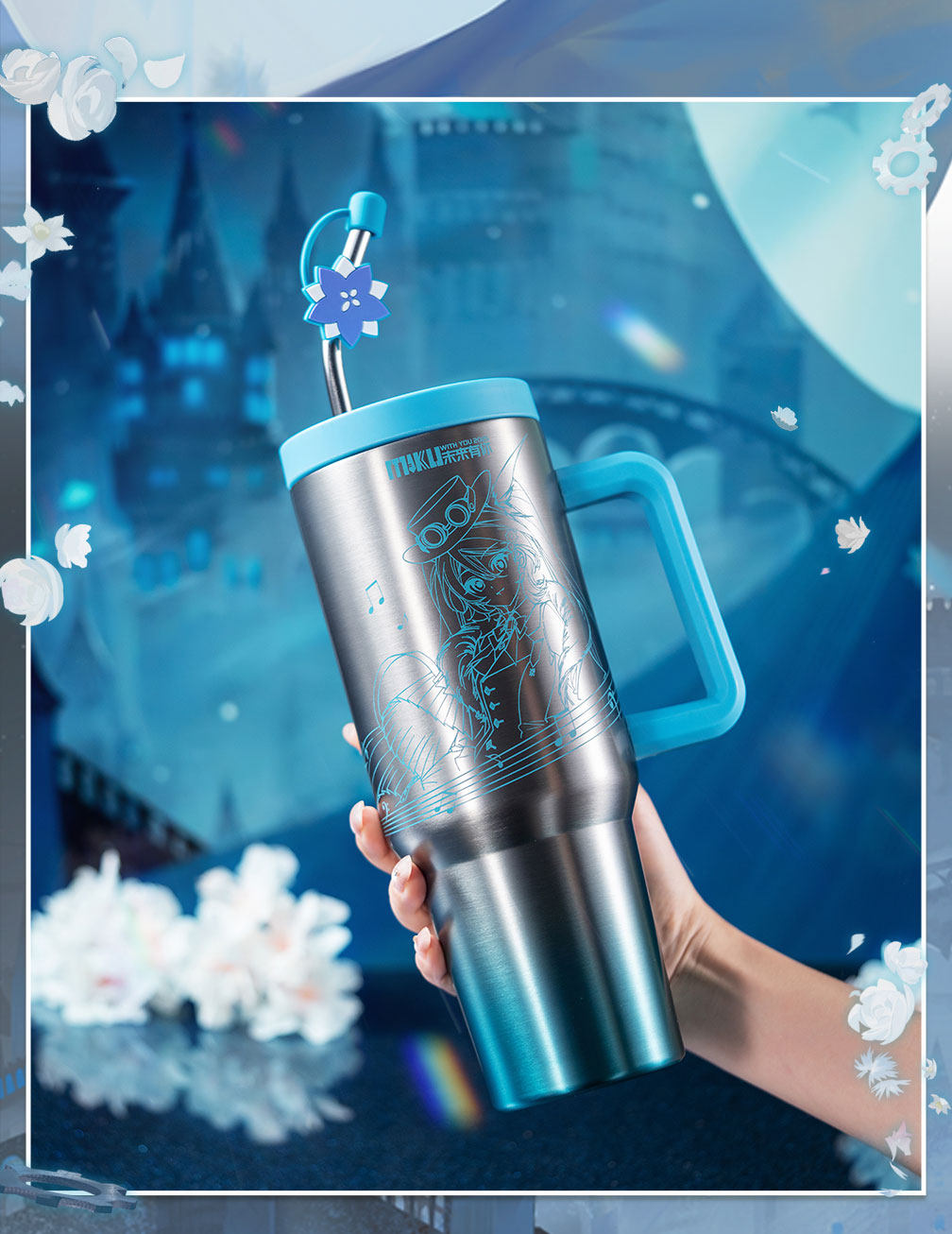 Hatsune Miku Anime-Themed Insulated Straw Tumbler, Stainless Steel, Large Capacity, 2025 Concert Theme, with Handle, 1200ml
