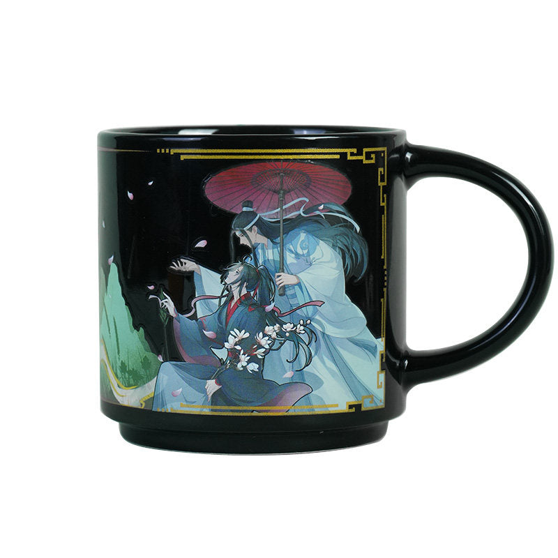 Mo Dao Zu Shi Heat Activated Color Changing Ceramic Mug, Black with Cherry Blossom and Character Design, 450ml Capacity, 7th Anniversary Theme