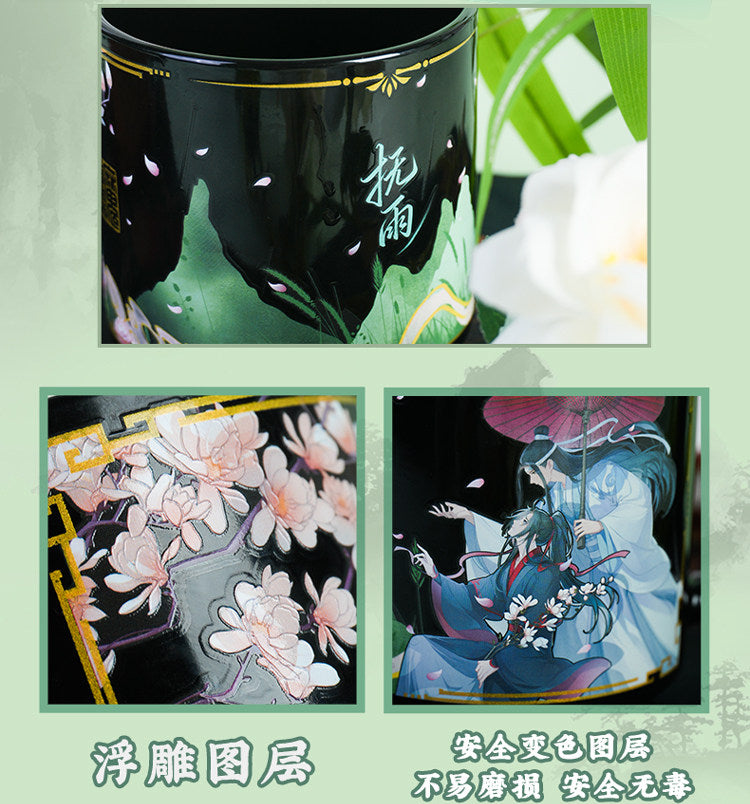 Mo Dao Zu Shi Heat Activated Color Changing Ceramic Mug, Black with Cherry Blossom and Character Design, 450ml Capacity, 7th Anniversary Theme