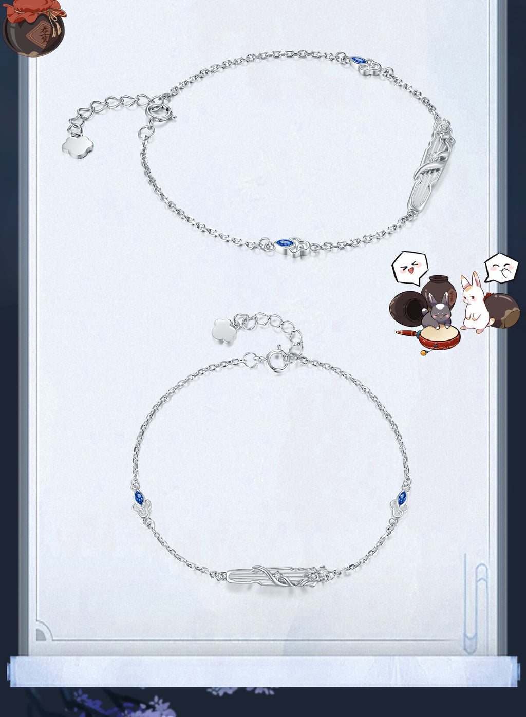 Mo Dao Zu Shi S925 Sterling Silver Bracelet Wangji Qin,Blue Crystal Accents, Adjustable Chain 18.5cm, Lan Wangji Inspired, Floral Charm Clasp, Silver Jewelry Series