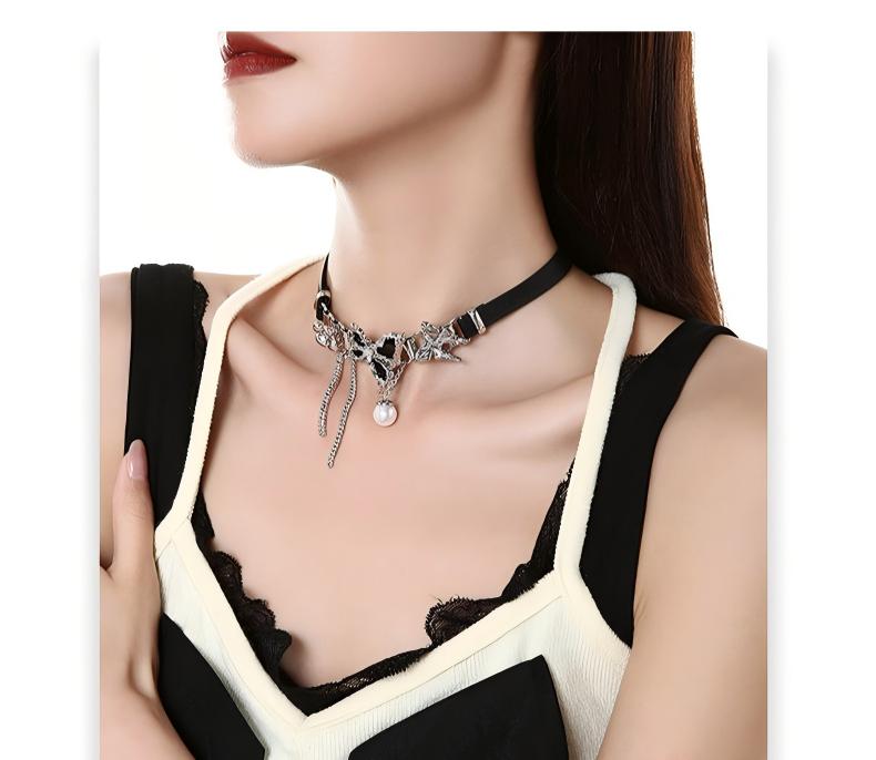 Heaven Officials Blessing Black Butterfly Choker Necklace，Pearl Pendant, Crystal Tassel Drop, Black Velvet Band, Silver-Tone Accents, Adjustable Clasp