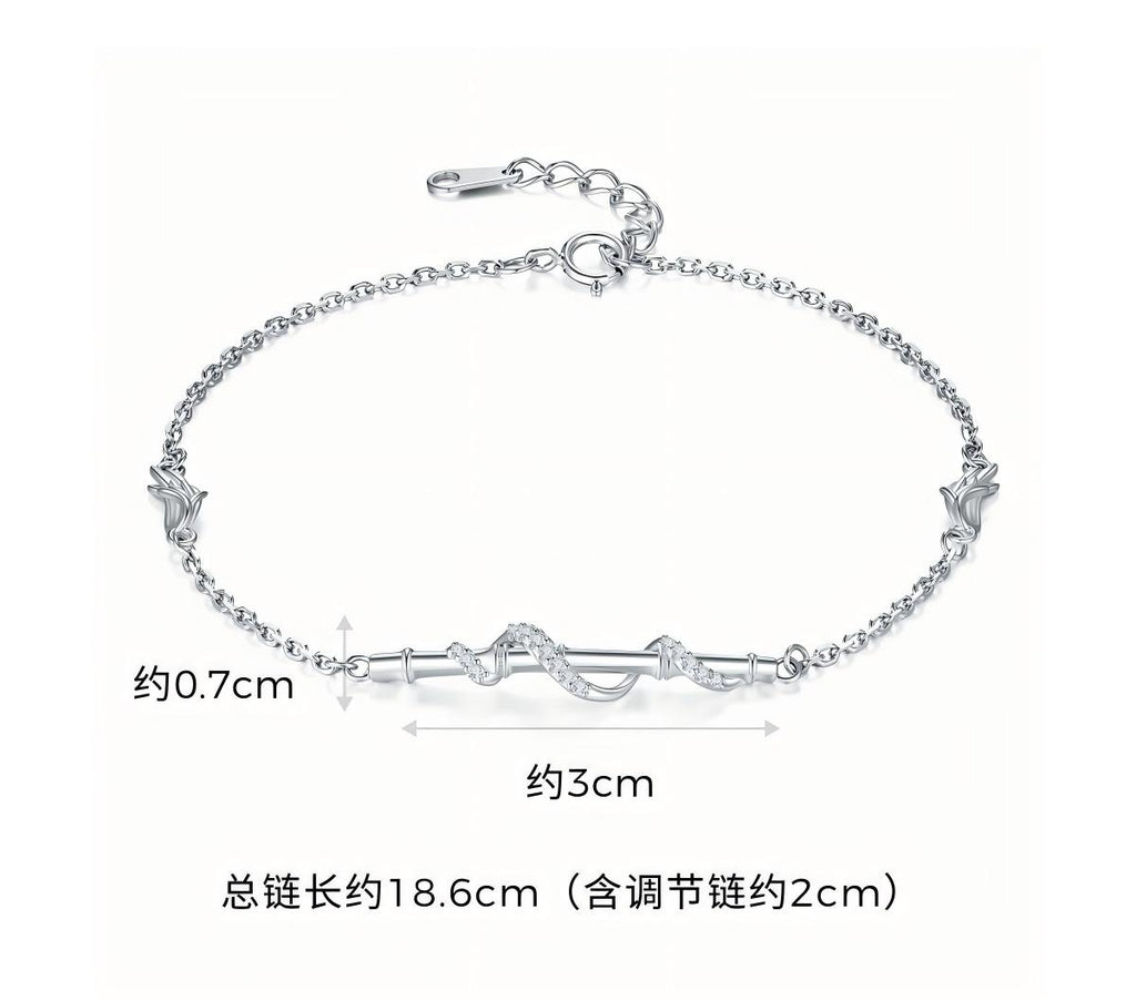 Mo Dao Zu Shi Chenqing Flute S925 Sterling Silver Bracelet ,Wei Wuxian Inspired, Crystal Zirconia Accents, Adjustable Chain 18.6cm, Wing Charm Details, S925 Silver