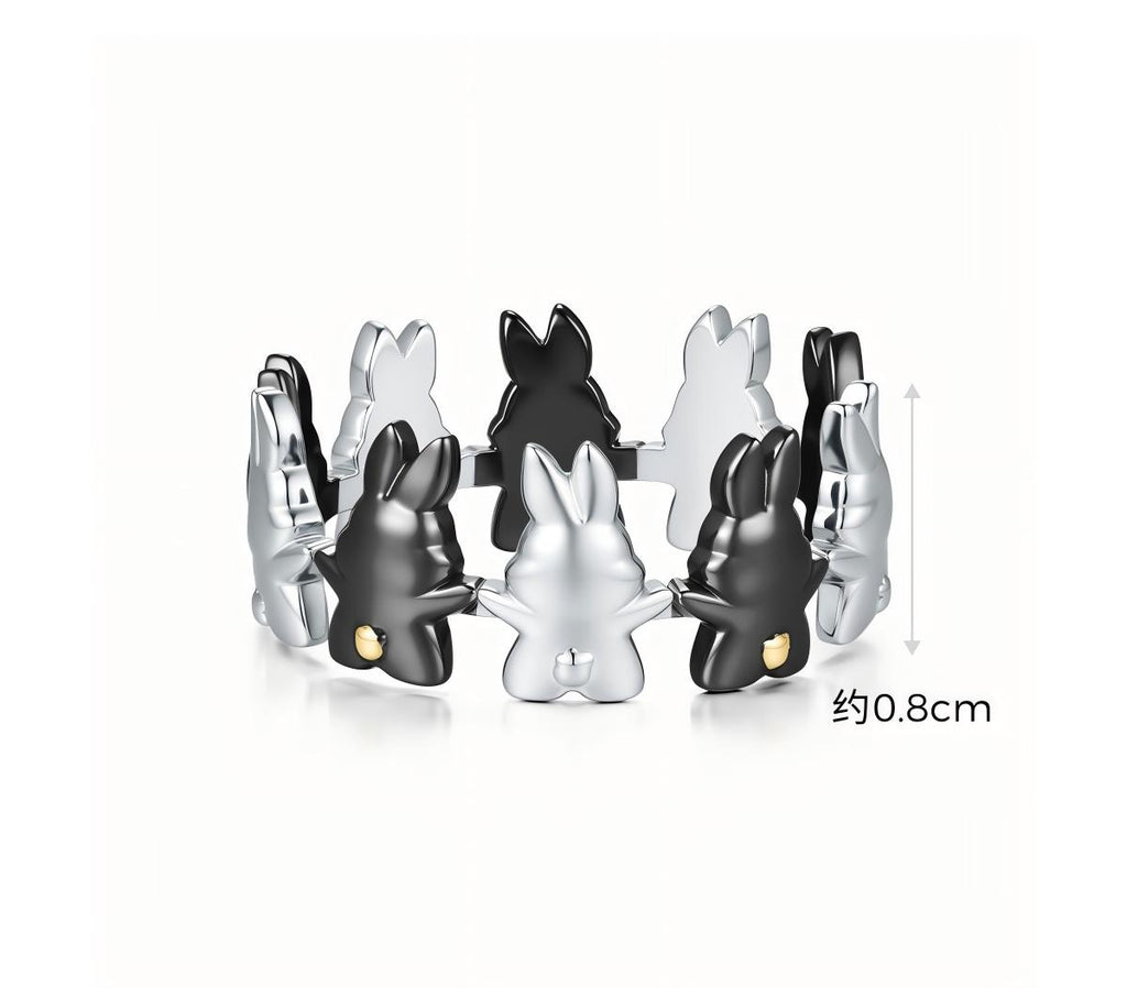 Mo Dao Zu Shi Bunny Ring Anime-Themed Alloy Ring |，Black & Silver Bunnies, Anime Inspired Design, Circular Band Style, Gold Accent Details, Alloy Material