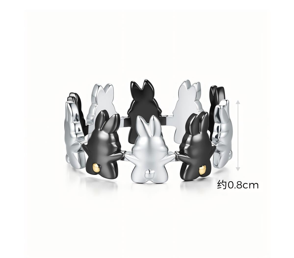 Mo Dao Zu Shi Bunny Ring Anime-Themed Alloy Ring |，Black & Silver Bunnies, Anime Inspired Design, Circular Band Style, Gold Accent Details, Alloy Material
