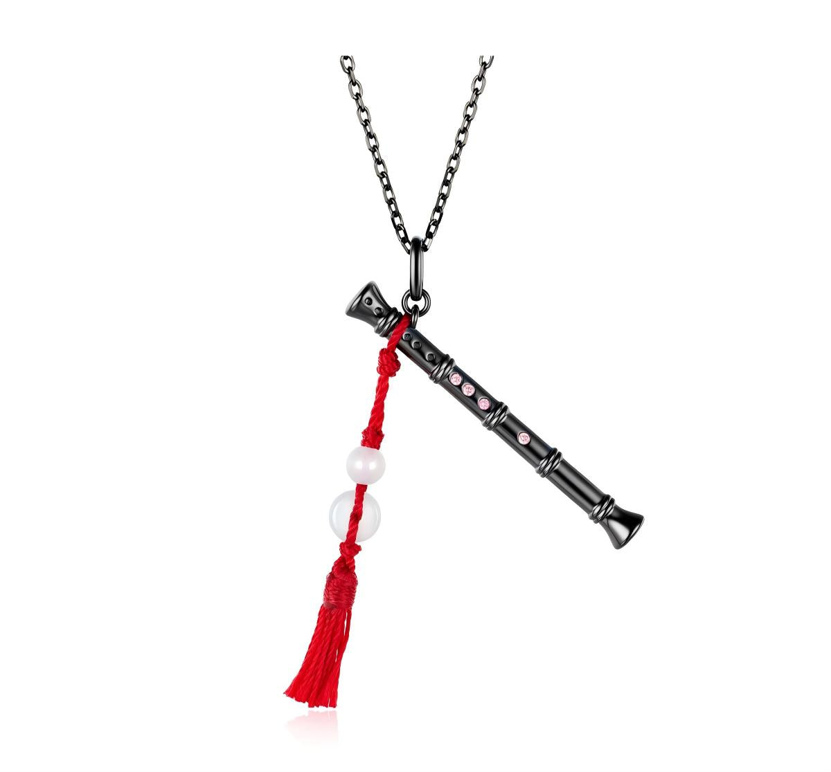 Mo Dao Zu Shi Chenqing Flute S925 Sterling Silver Necklace ,Wei Wuxian Inspired, Red Tassel Pendant, Pink Crystal Accents, 43.5cm Chain Length, Anime Collectible