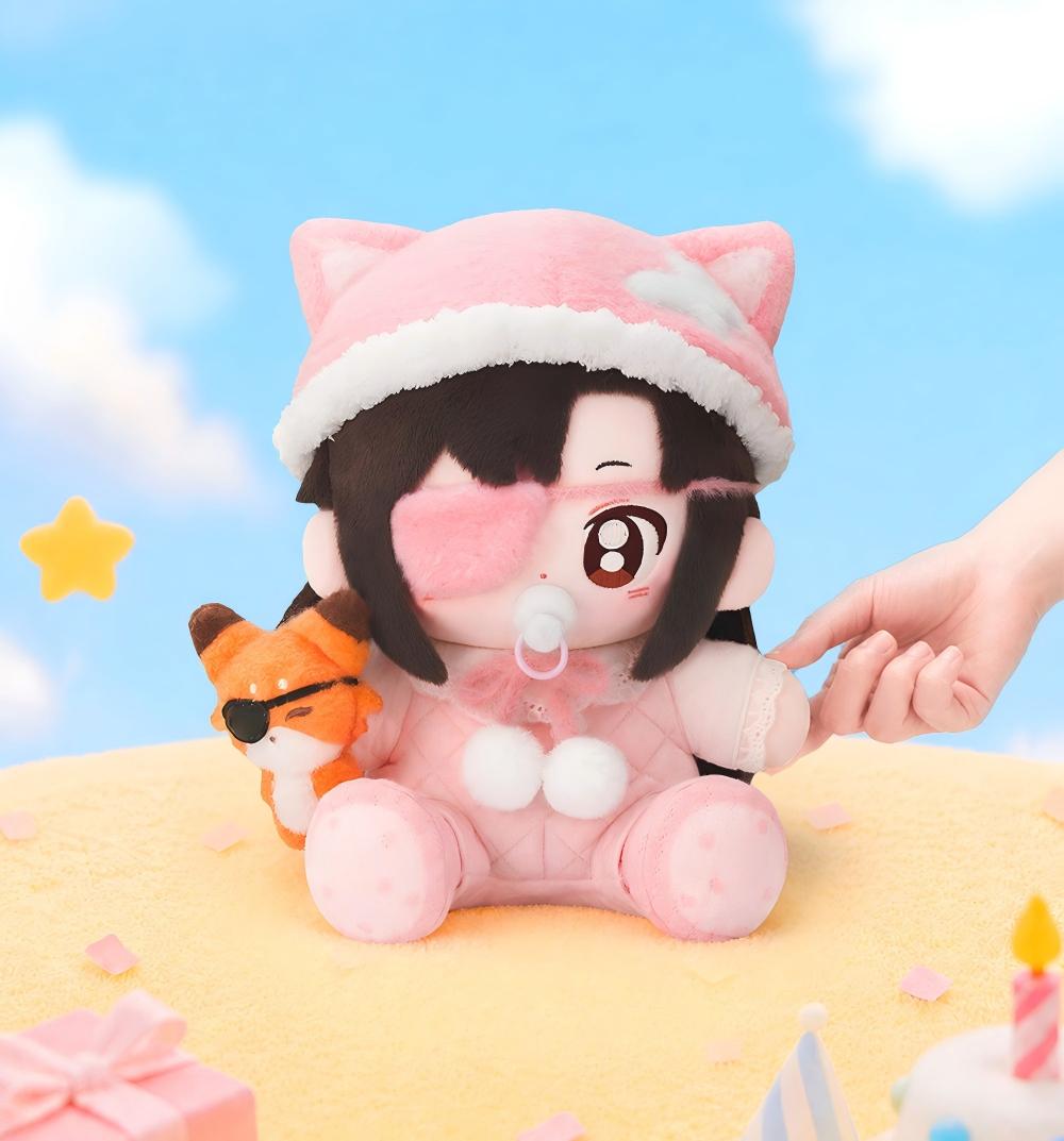 Heaven Official's Blessing Hua Cheng Sitting Plush Toy, Pink Cat Costume, Magnetic Fox Accessory, Birthday Limited Edition, 25cm