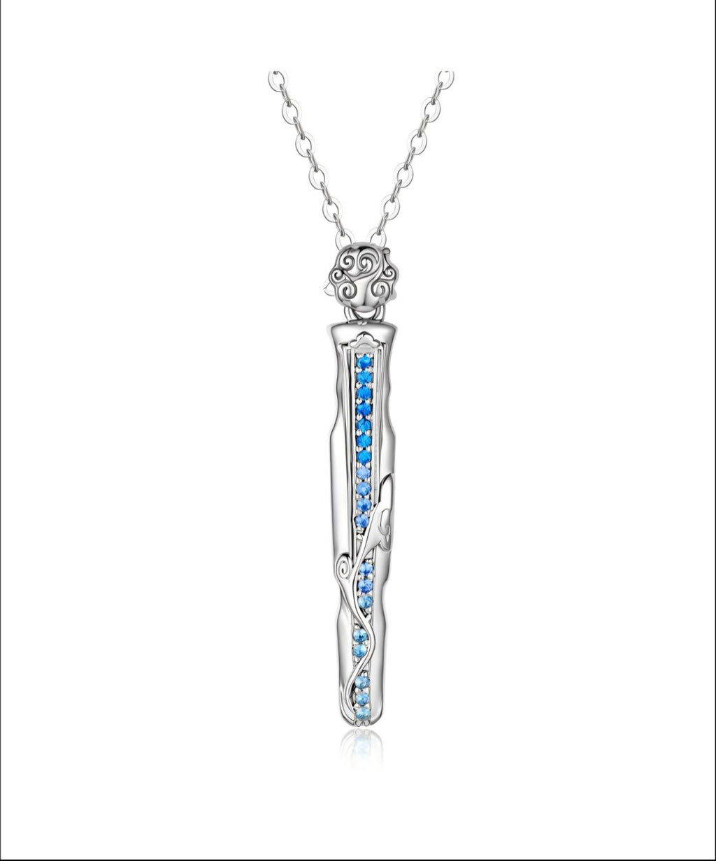 Mo Dao Zu Shi S925 Sterling Silver Wangji Qin Pendant Necklace,Blue Crystal Inlay, Intricate Floral Engraving, 45cm Adjustable Chain, Anime Collectible, Silver Jewelry Series