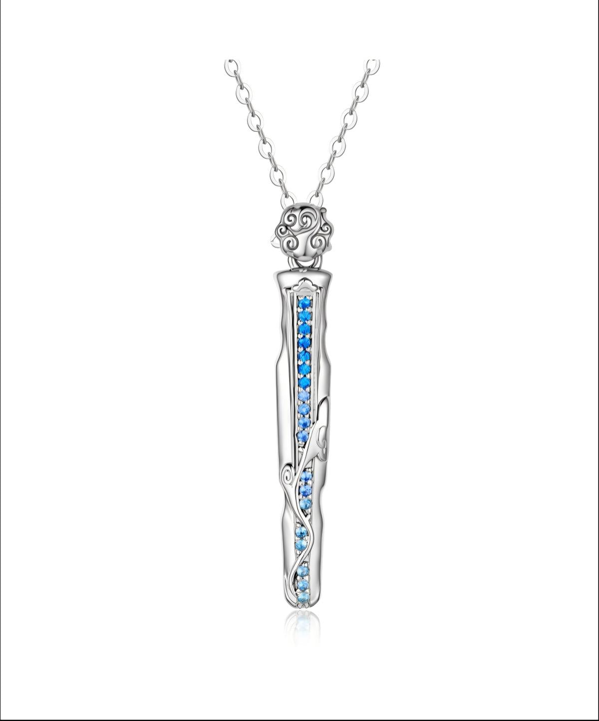 Mo Dao Zu Shi S925 Sterling Silver Wangji Qin Pendant Necklace,Blue Crystal Inlay, Intricate Floral Engraving, 45cm Adjustable Chain, Anime Collectible, Silver Jewelry Series