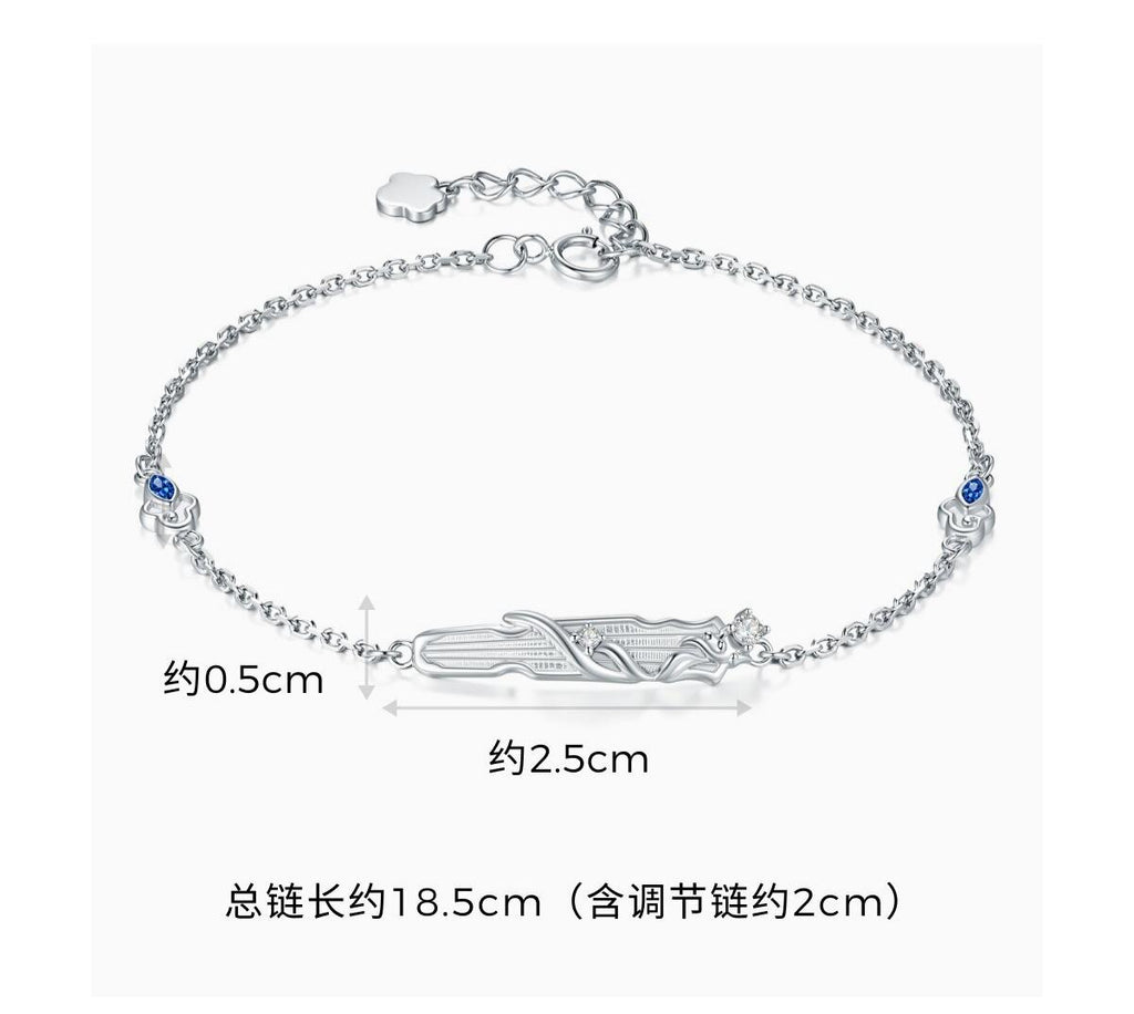 Mo Dao Zu Shi S925 Sterling Silver Bracelet Wangji Qin,Blue Crystal Accents, Adjustable Chain 18.5cm, Lan Wangji Inspired, Floral Charm Clasp, Silver Jewelry Series